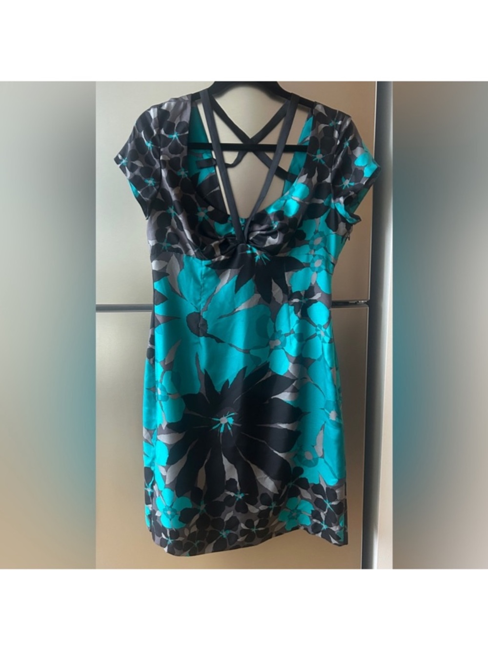 100% Silk Floral Dress Teal Black Strappy Back Mini Dress Size 10